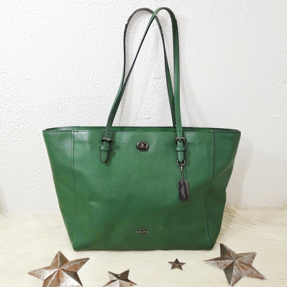 Coach Turnlock Tote Bag Emerald Green Crossgrain Leather Gunmetal Large